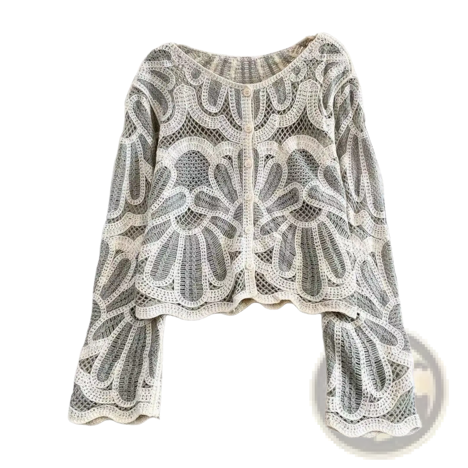 A delicate off-white crochet cardigan with intricate floral patterns and bell sleeves in a loose pullover style