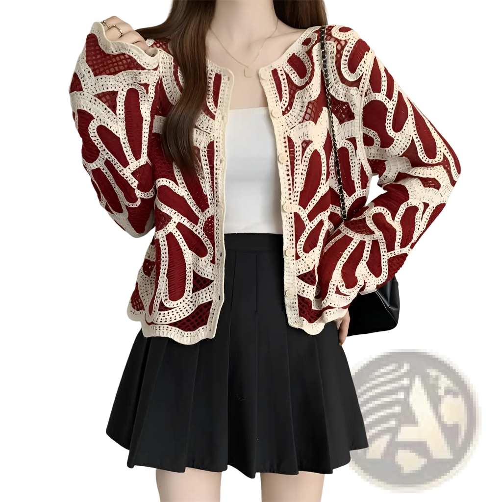 Red and cream crochet cardigan with intricate leaf-patterned design featured in a floral loose pullover top style