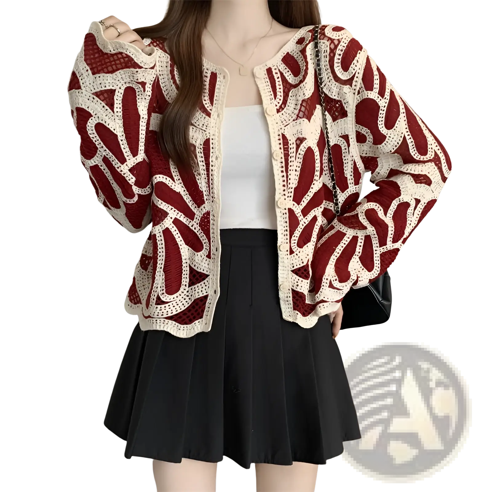 Red and cream crochet cardigan with intricate leaf-patterned design featured in a floral loose pullover top style