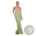 A sleek sage green crochet floral lace mermaid maxi dress with dimensional appliqués and glitter accents