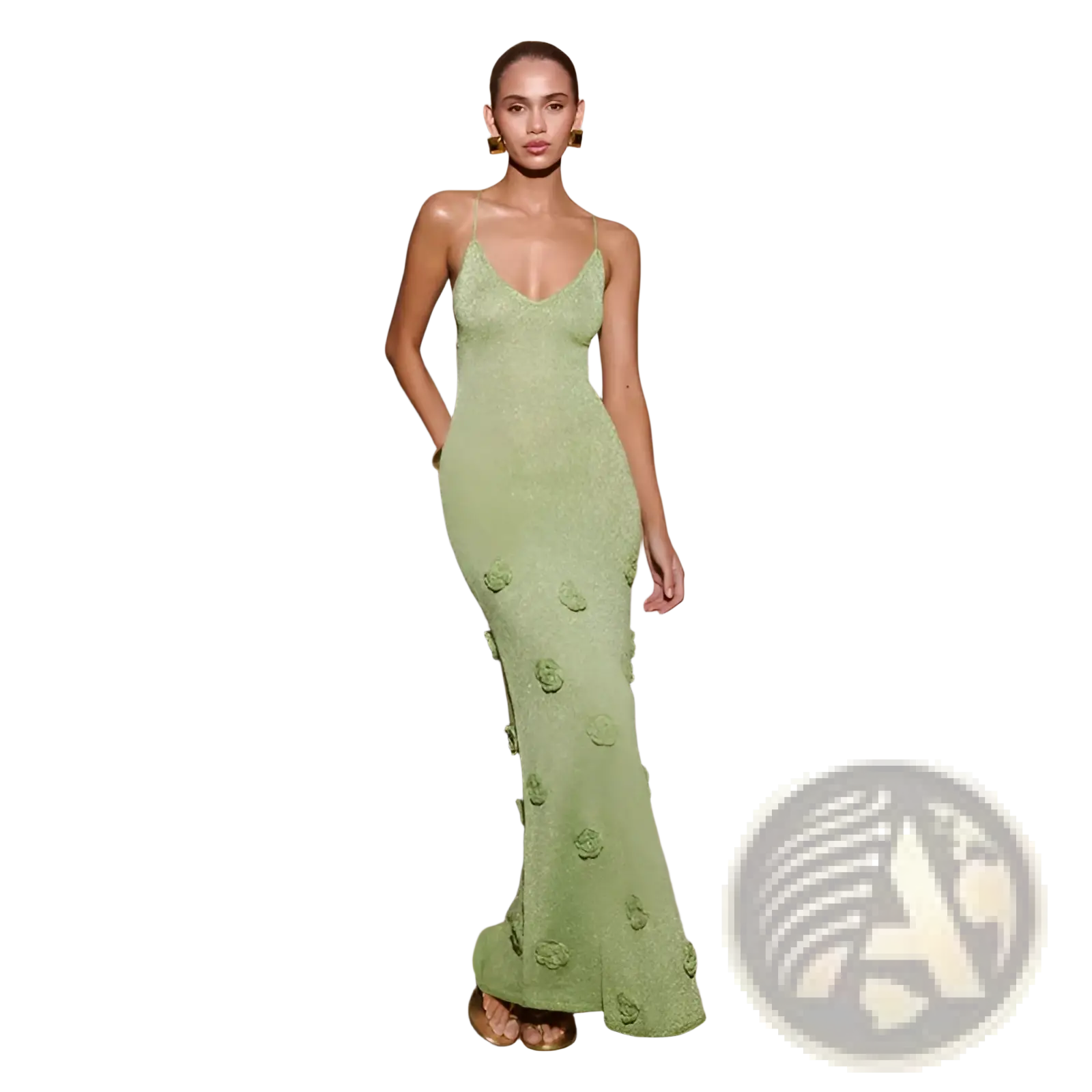 A sleek sage green crochet floral lace mermaid maxi dress with dimensional appliqués and glitter accents