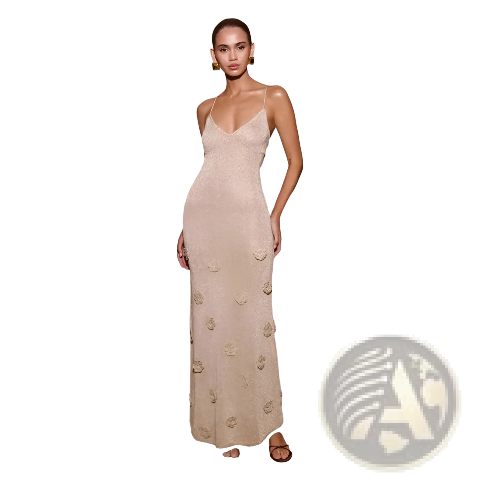 Beige crochet floral lace mermaid maxi dress with glitter accents fitted silhouette and delicate spaghetti straps
