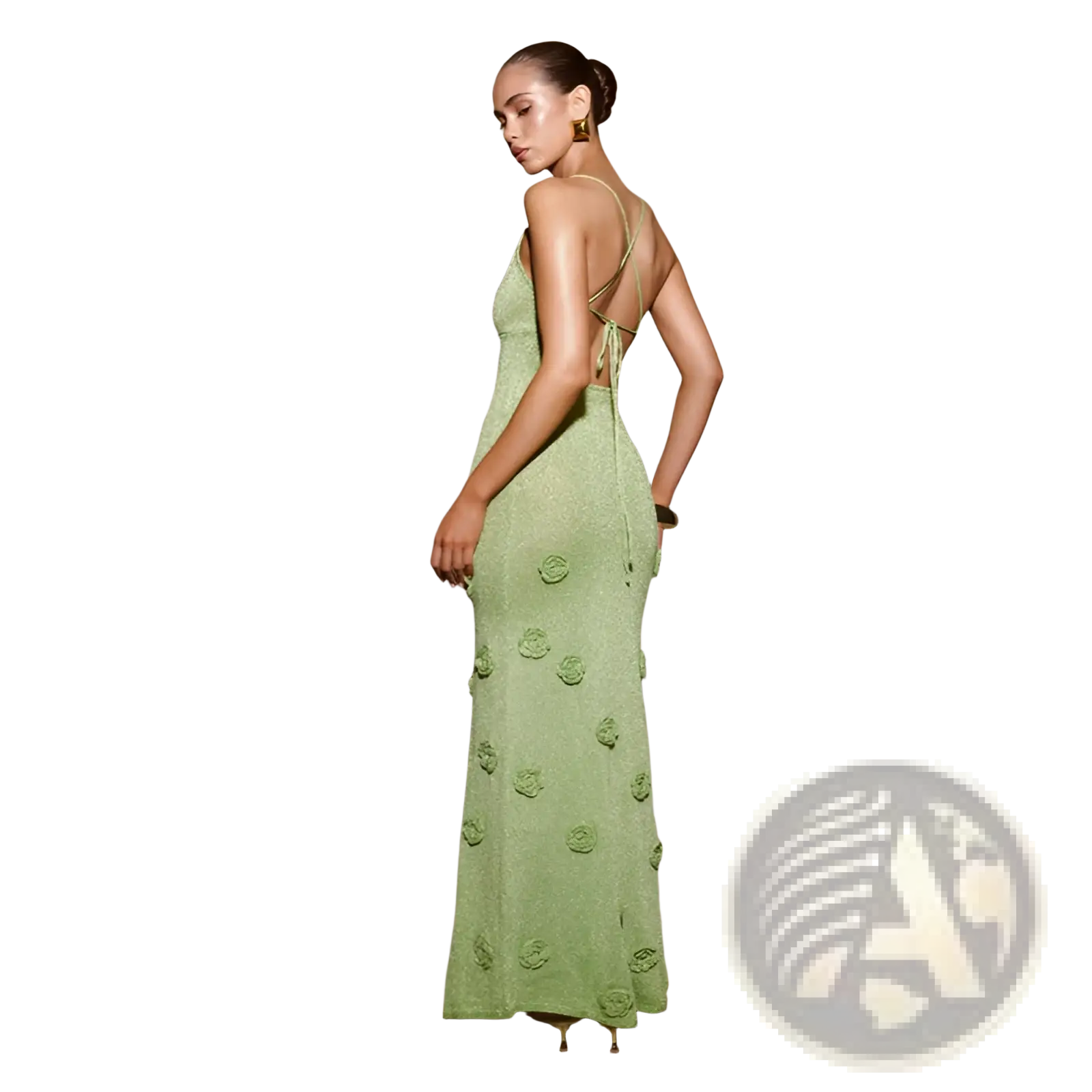 A mint green crochet floral lace mermaid maxi dress with raised appliqués and delicate spaghetti straps