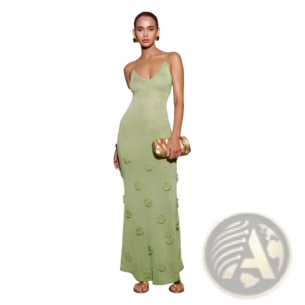 A long light green sleeveless crochet floral lace mermaid maxi dress with v neckline and glitter accents
