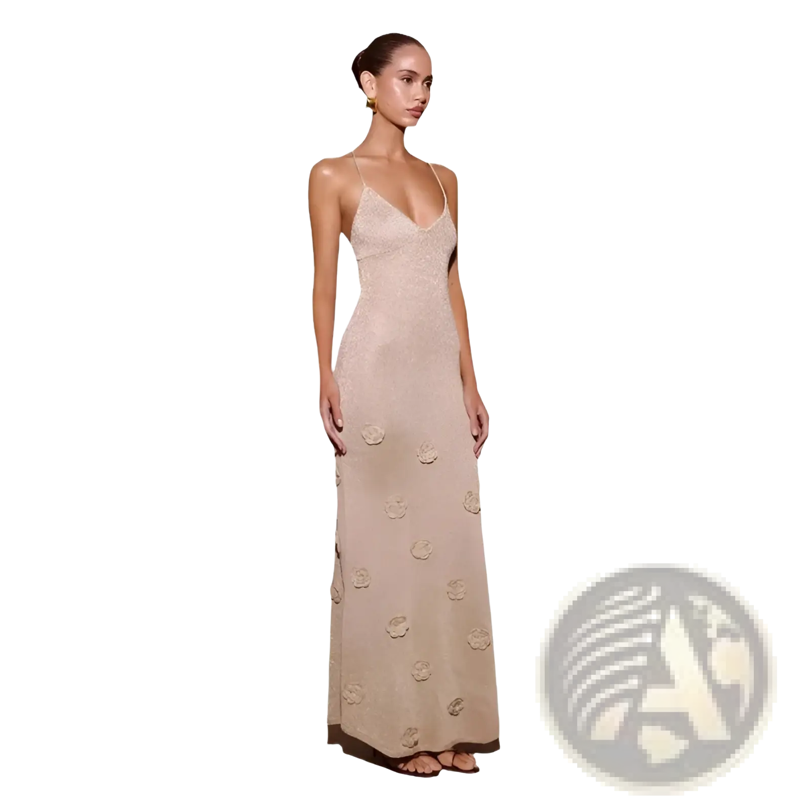 Beige crochet floral lace mermaid maxi dress with glitter accents featuring delicate embroidery and thin spaghetti straps