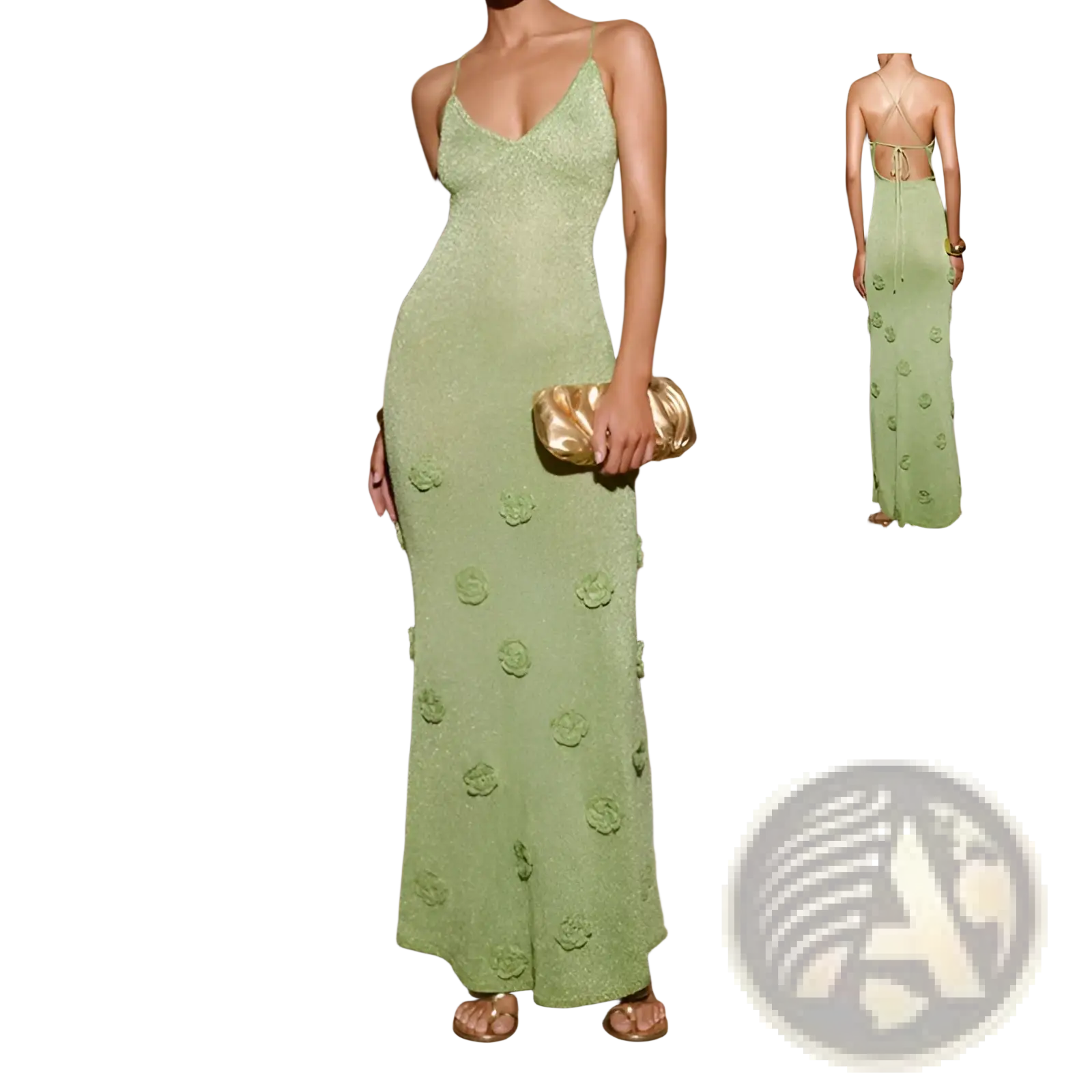 A long light green crochet floral lace mermaid maxi dress with three-dimensional appliqués and back tie details