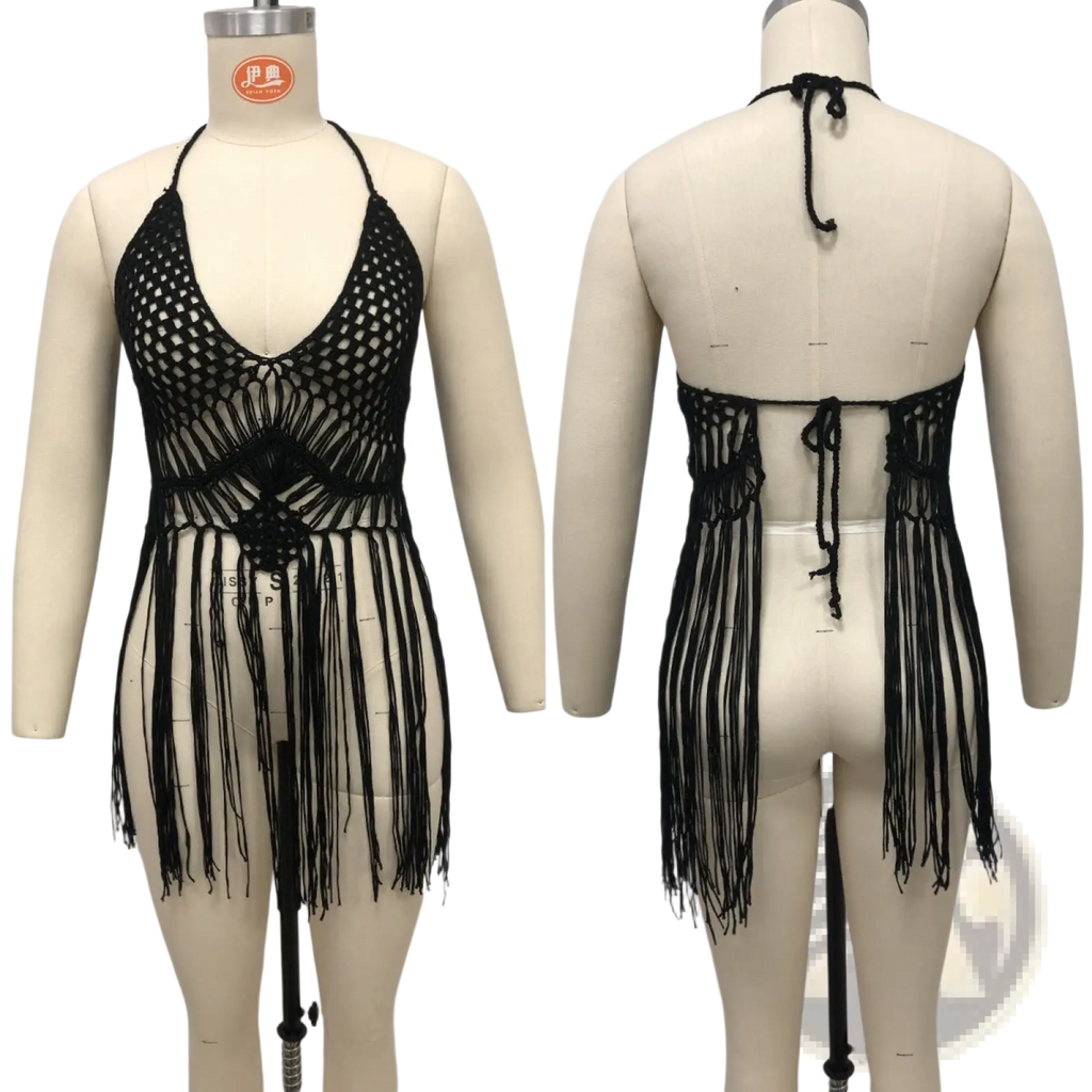 Black macrame crochet fringe halter beach cover up top showing detailed fringe and crochet design