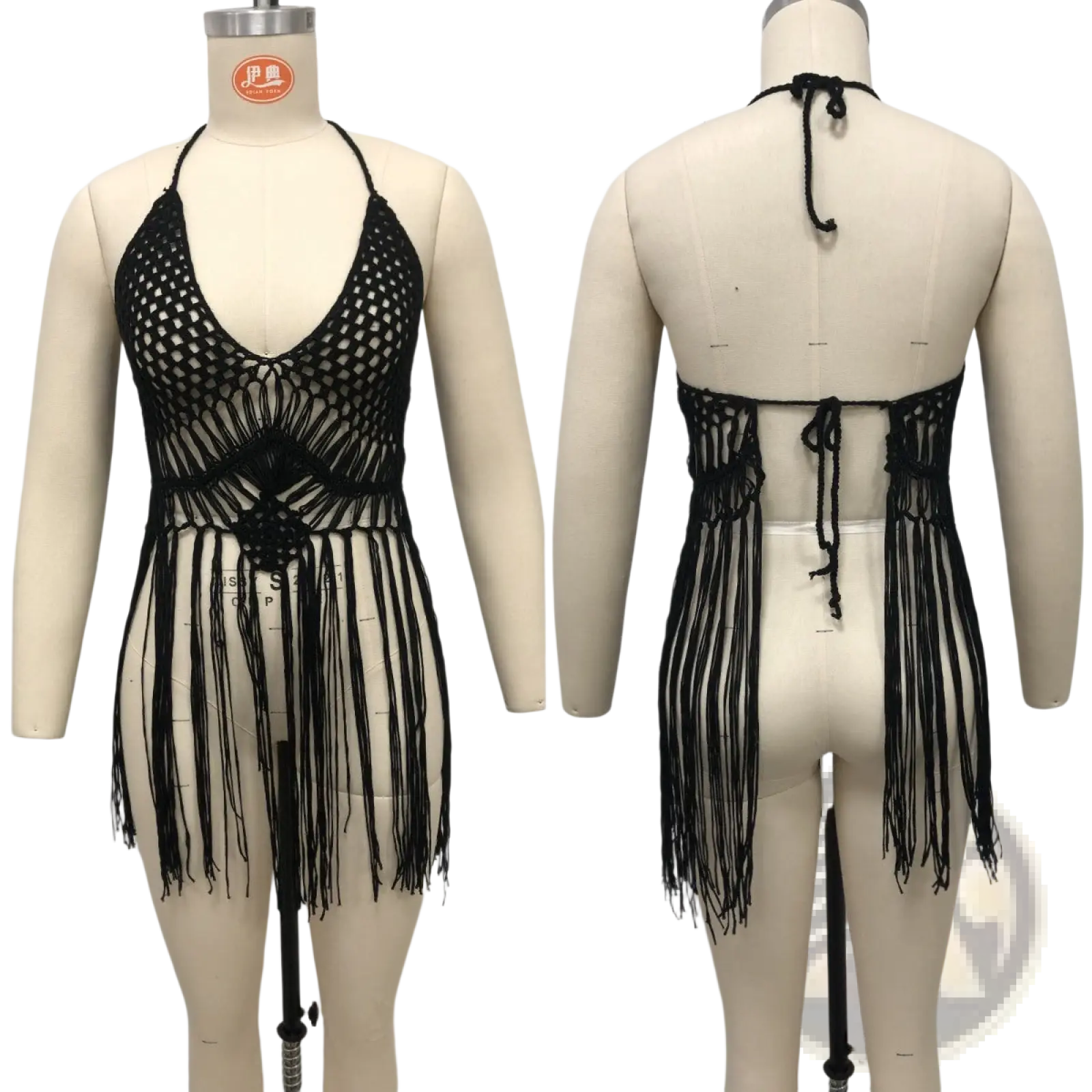 Black macrame crochet fringe halter beach cover up top showing detailed fringe and crochet design