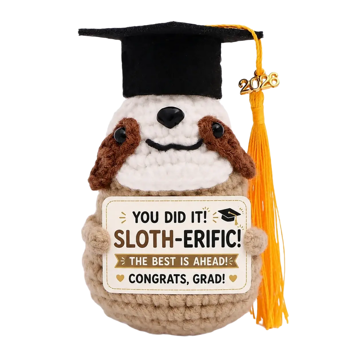 Beige crocheted graduation puppy pocket hug keepsake wearing black cap with orange tassel and 2026 charm holding plaque