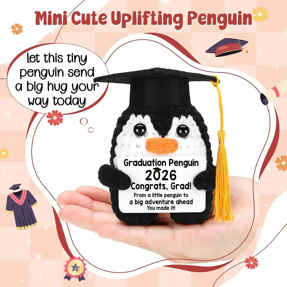 Crocheted black and white graduation penguin with black cap and yellow tassel in crochet graduation puppy pocket hug keepsake