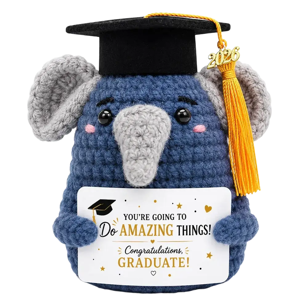 Blue crocheted elephant graduation keepsake wearing a black cap holding a card with a congratulatory message