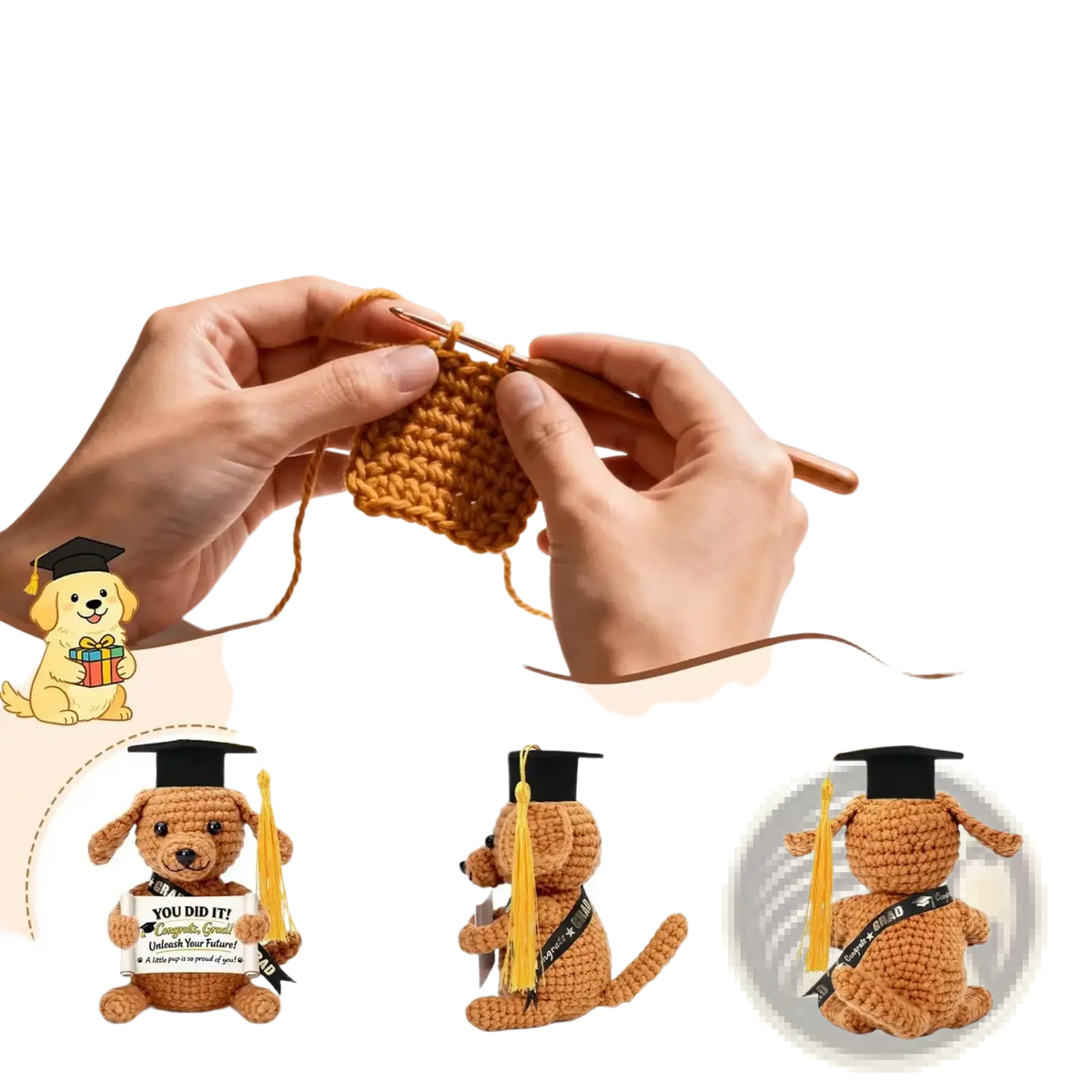 A charming brown crocheted dog wearing a graduation cap and holding a diploma from the crochet graduation puppy pocket hug keepsake