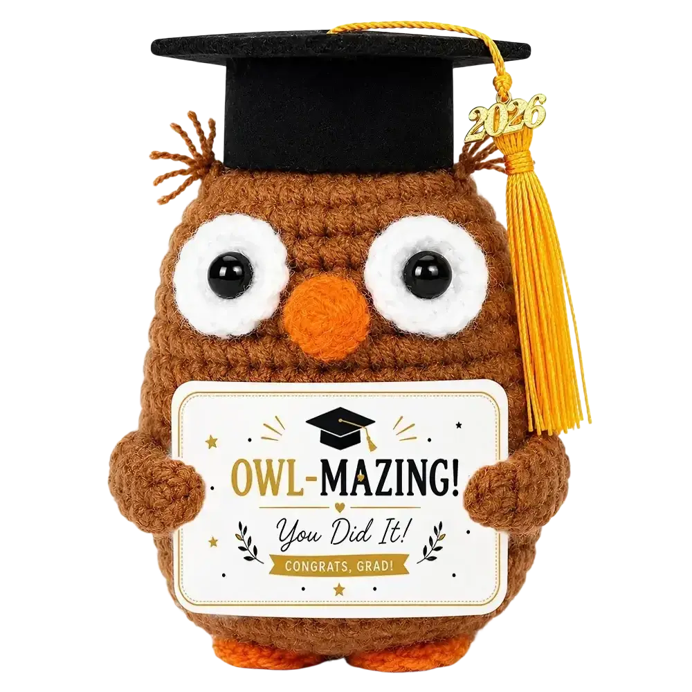 Brown crocheted owl graduation puppy pocket wearing black cap with gold tassel holding certificate saying owl-mazing you did it