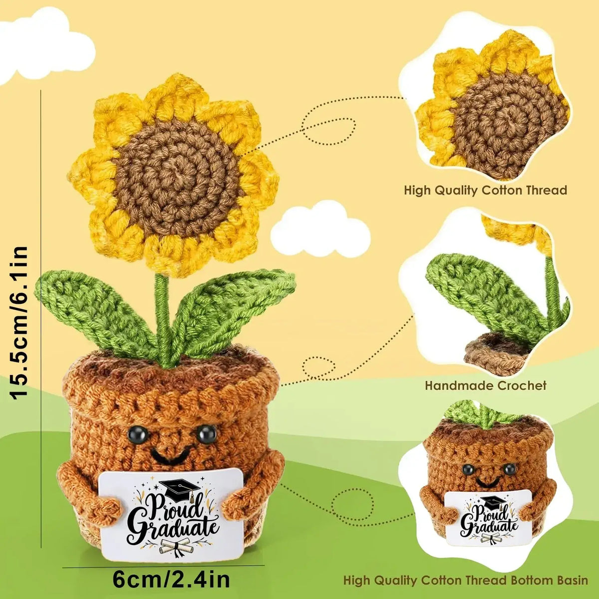 Crochet graduation puppy pocket hug keepsake featuring a cheerful hand-crocheted sunflower plant in yarn pot