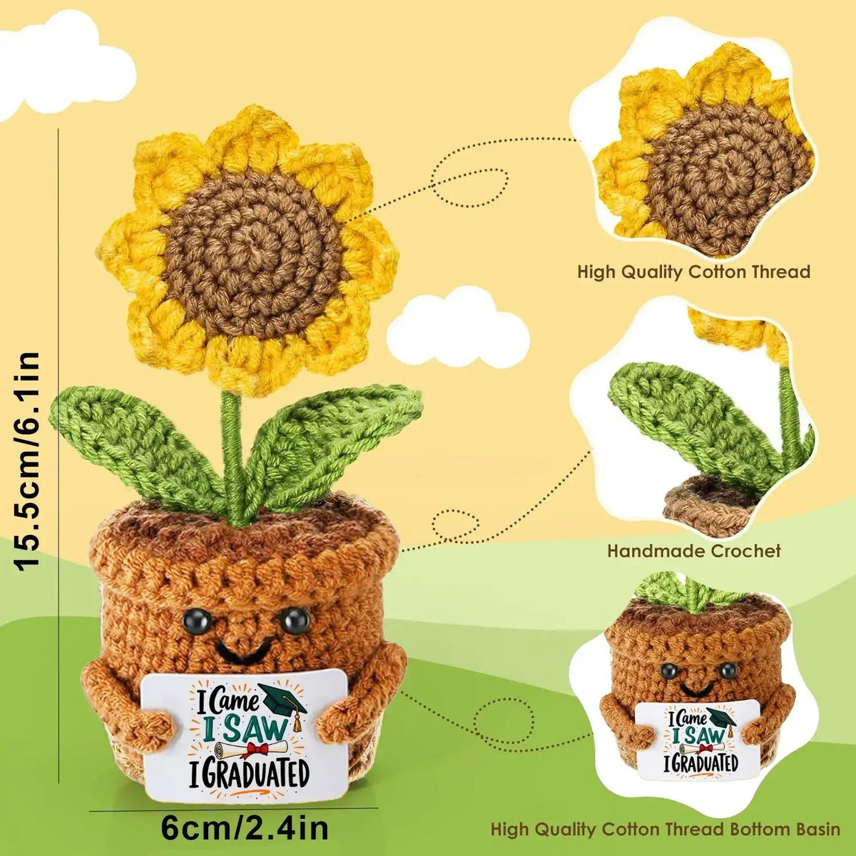 A cheerful handcrafted crochet graduation puppy pocket hug keepsake with a sunflower plant in a smiling cotton pot