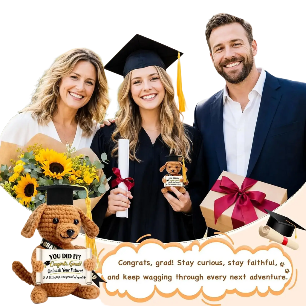 Crocheted brown dog figurine holding a you did it sign and wearing a miniature graduation cap in pocket hug keepsake