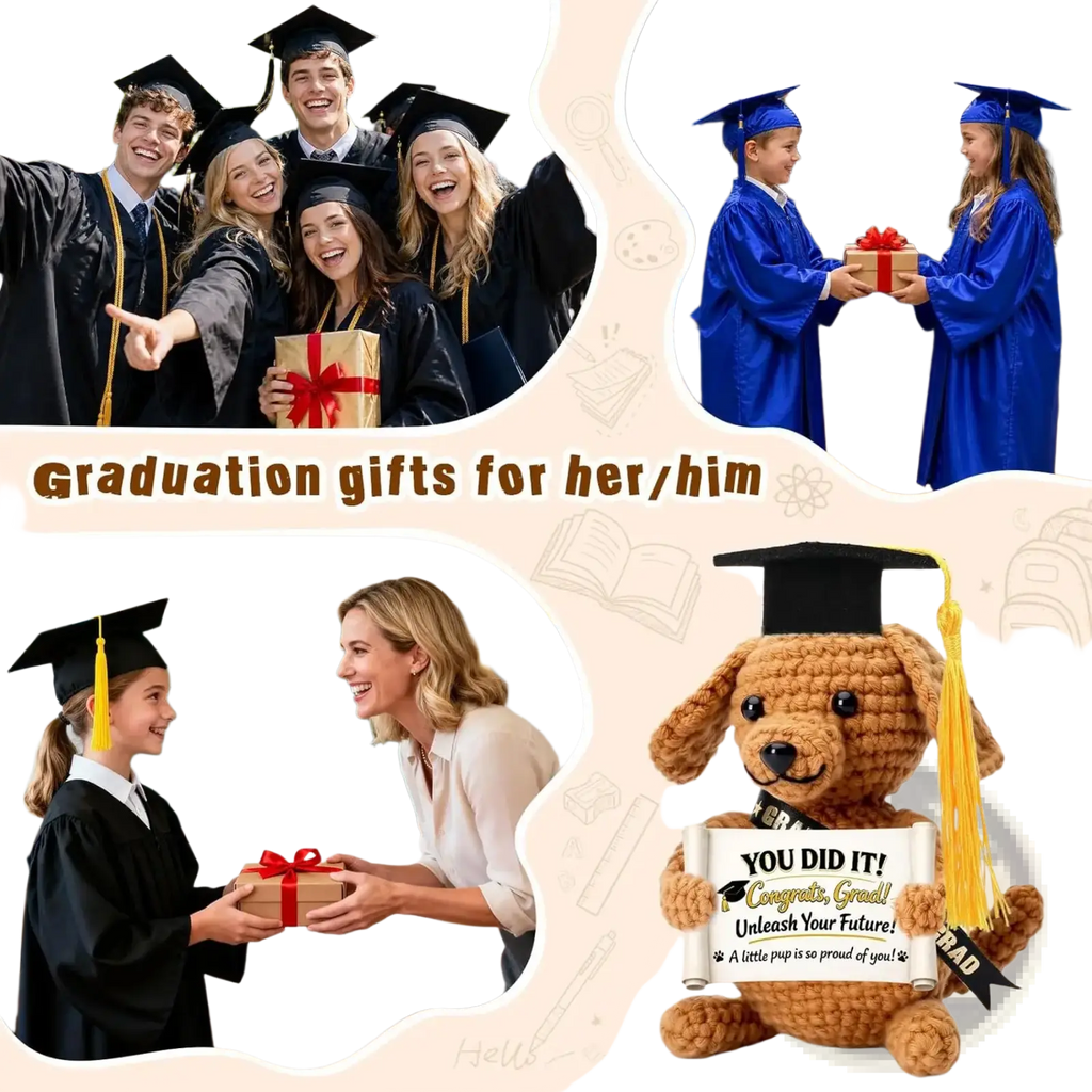 Crocheted brown graduation puppy plush toy wearing a black cap with yellow tassel holding a you did it scroll