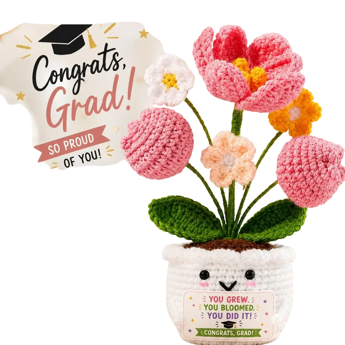 Crochet graduation puppy pocket hug keepsake featuring a white pot with embroidered face and colorful crocheted flowers