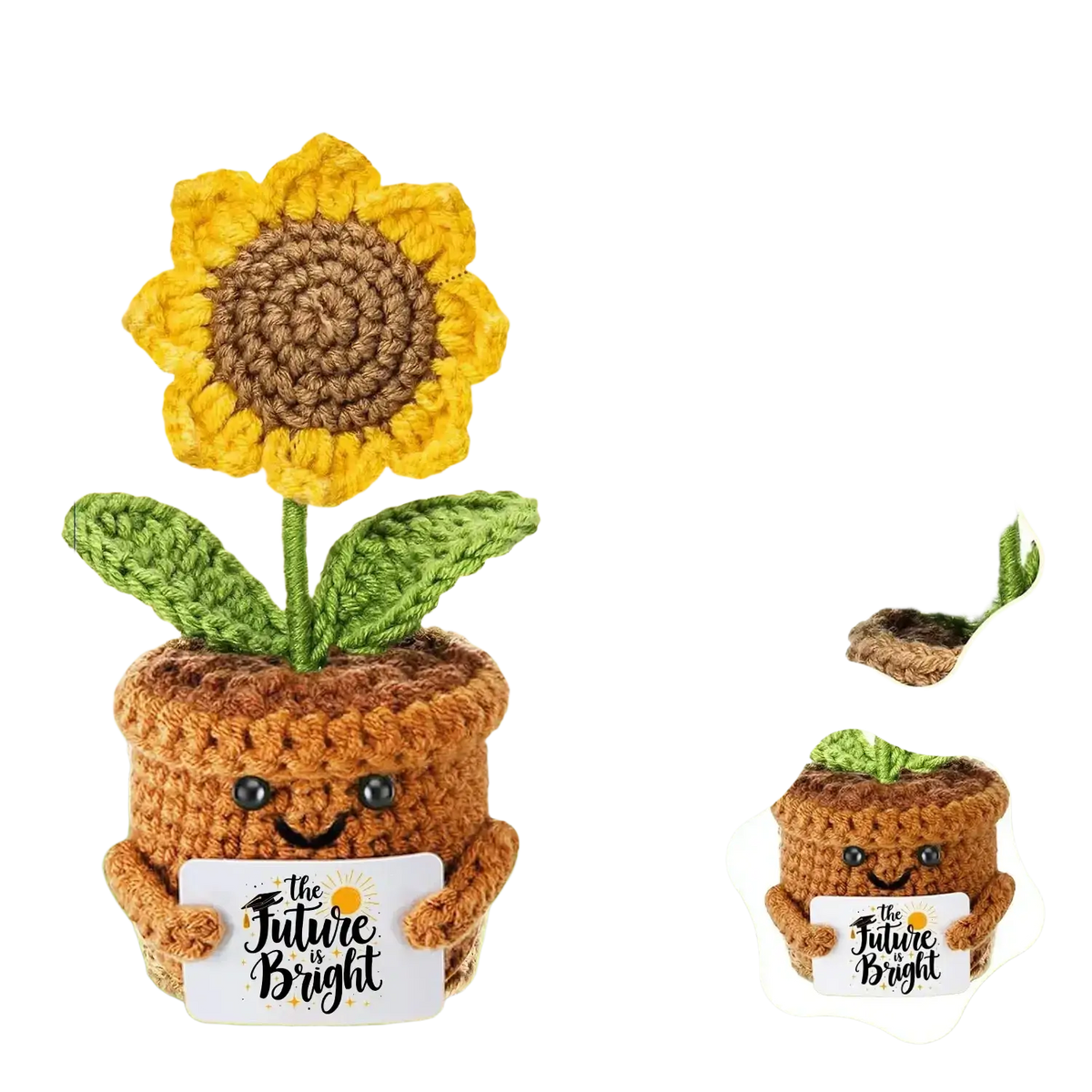 Crochet graduation puppy pocket hug keepsake featuring a crocheted sunflower plant in a smiling pot holding a the future is bright sign
