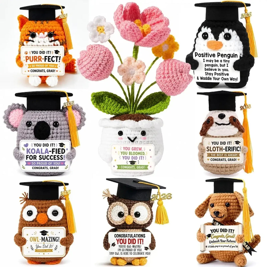 Crocheted graduation puppy pocket hug keepsake figurines wearing black caps with gold tassels and personalized signs