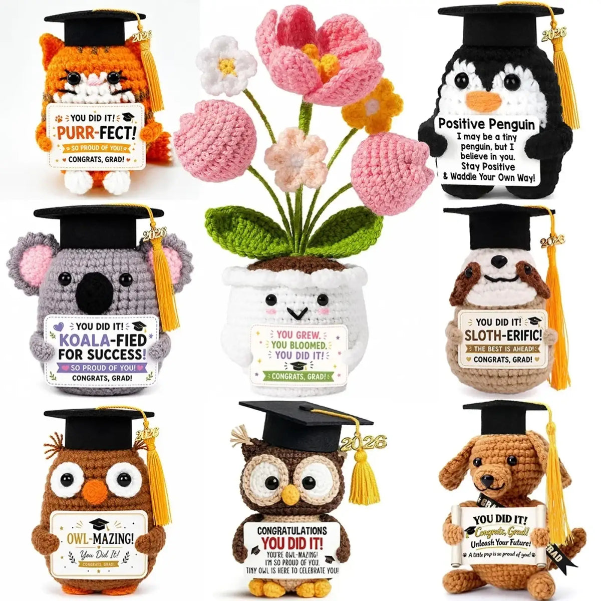 Crocheted graduation puppy pocket hug keepsake figurines wearing black caps with gold tassels and personalized signs