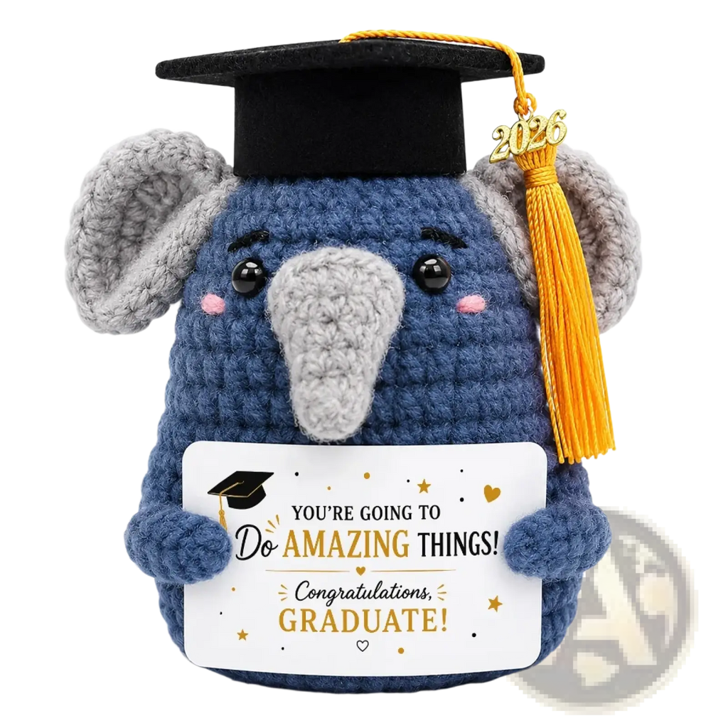 Blue crocheted elephant graduation keepsake wearing a black cap holding a card with a congratulatory message