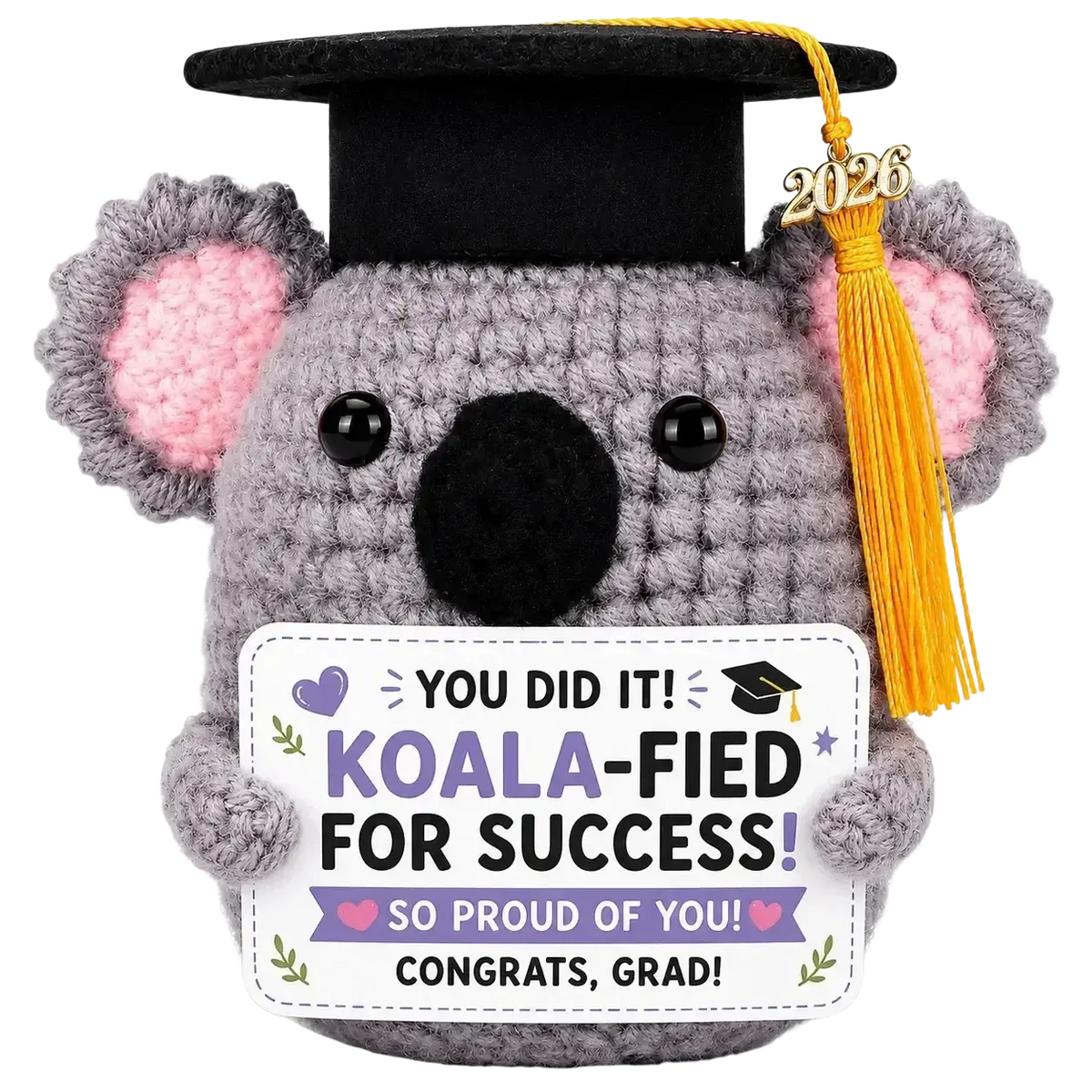 Gray crocheted graduation puppy pocket koala plush wearing black cap holding you did it sign for success keepsake