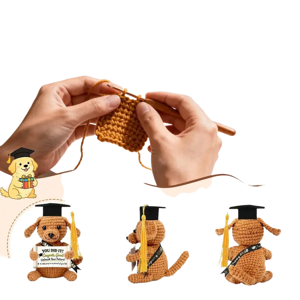 A tan crochet graduation puppy pocket keychain with a black cap yellow tassel holding a you did it sign