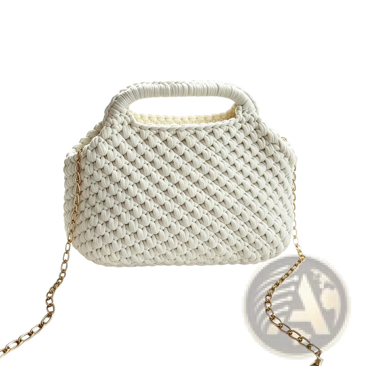 White crocheted knit shoulder bag with textured woven pattern and gold-toned chain strap tote purse