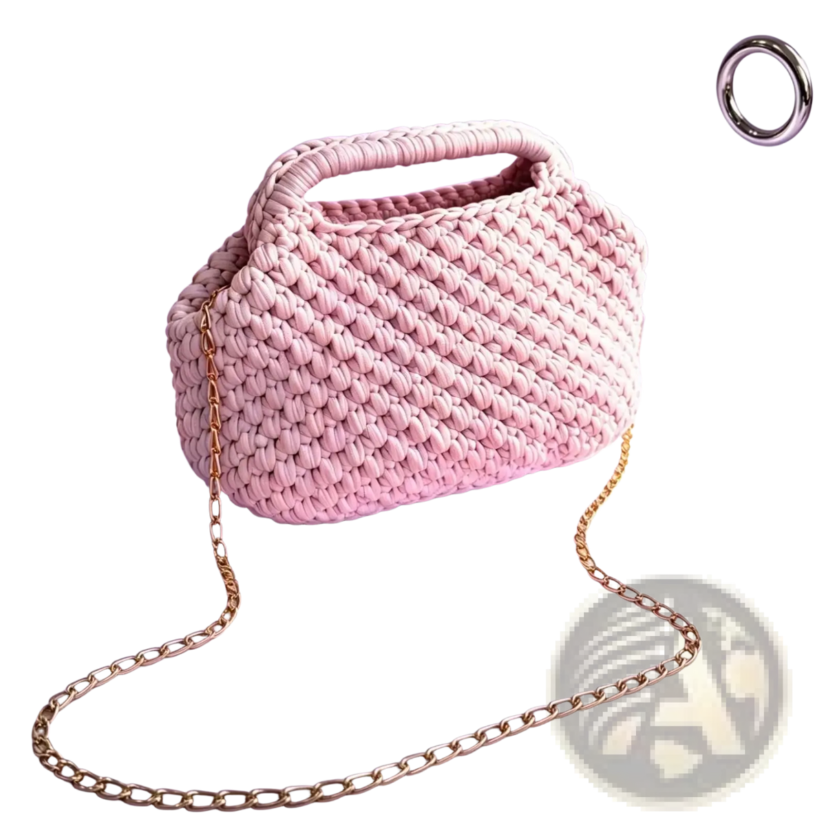 A soft pink crocheted knit shoulder bag with a textured woven pattern and gold-toned chain strap tote purse