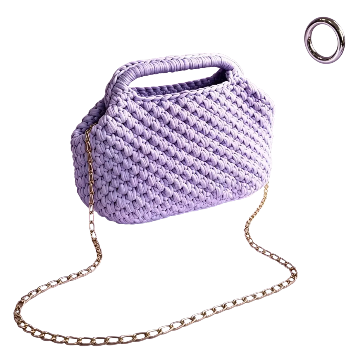 A lavender crochet knit shoulder bag with a textured woven pattern and gold chain strap for stylish carry