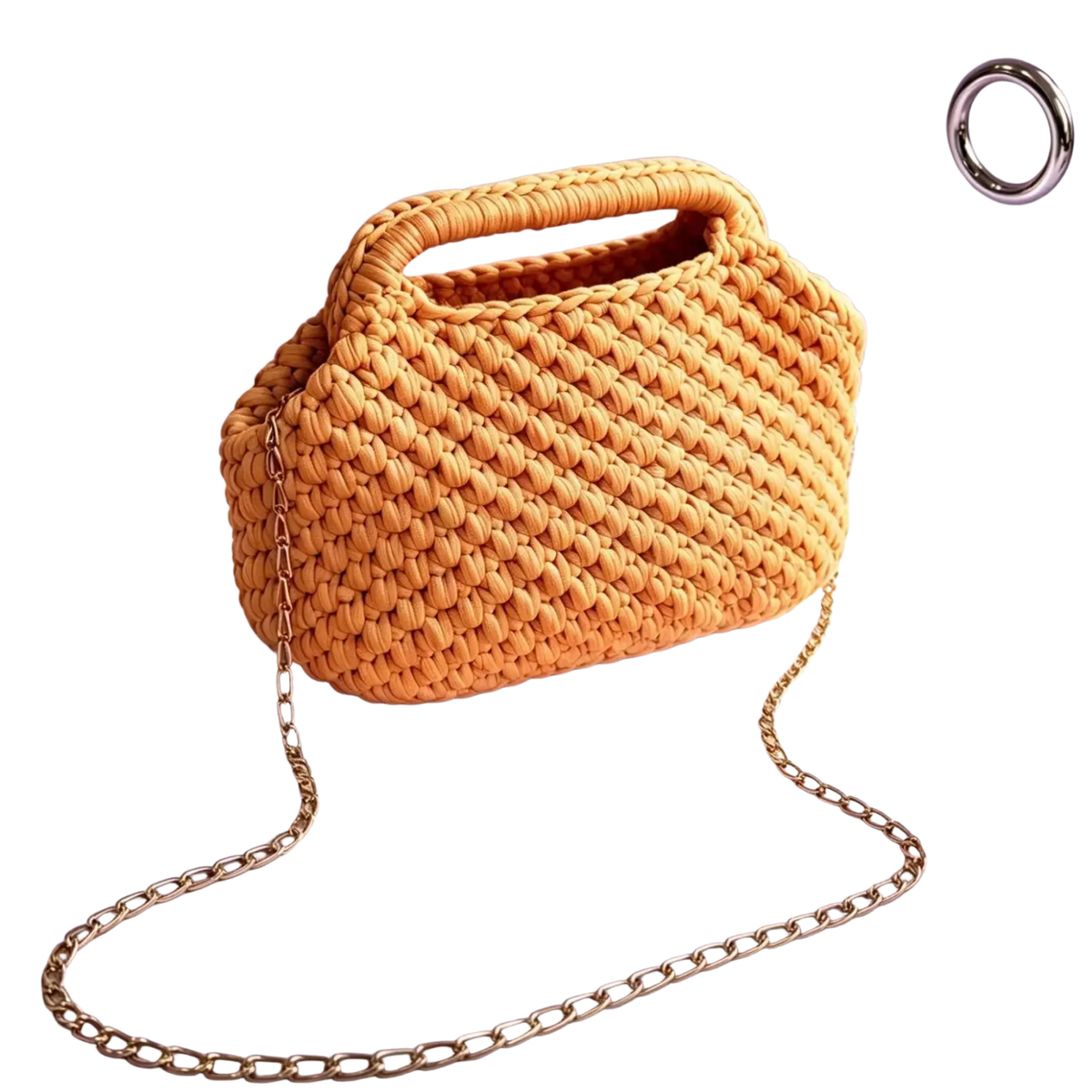 Crochet knit shoulder bag woven tote purse in orange with a textured braided pattern and gold chain strap