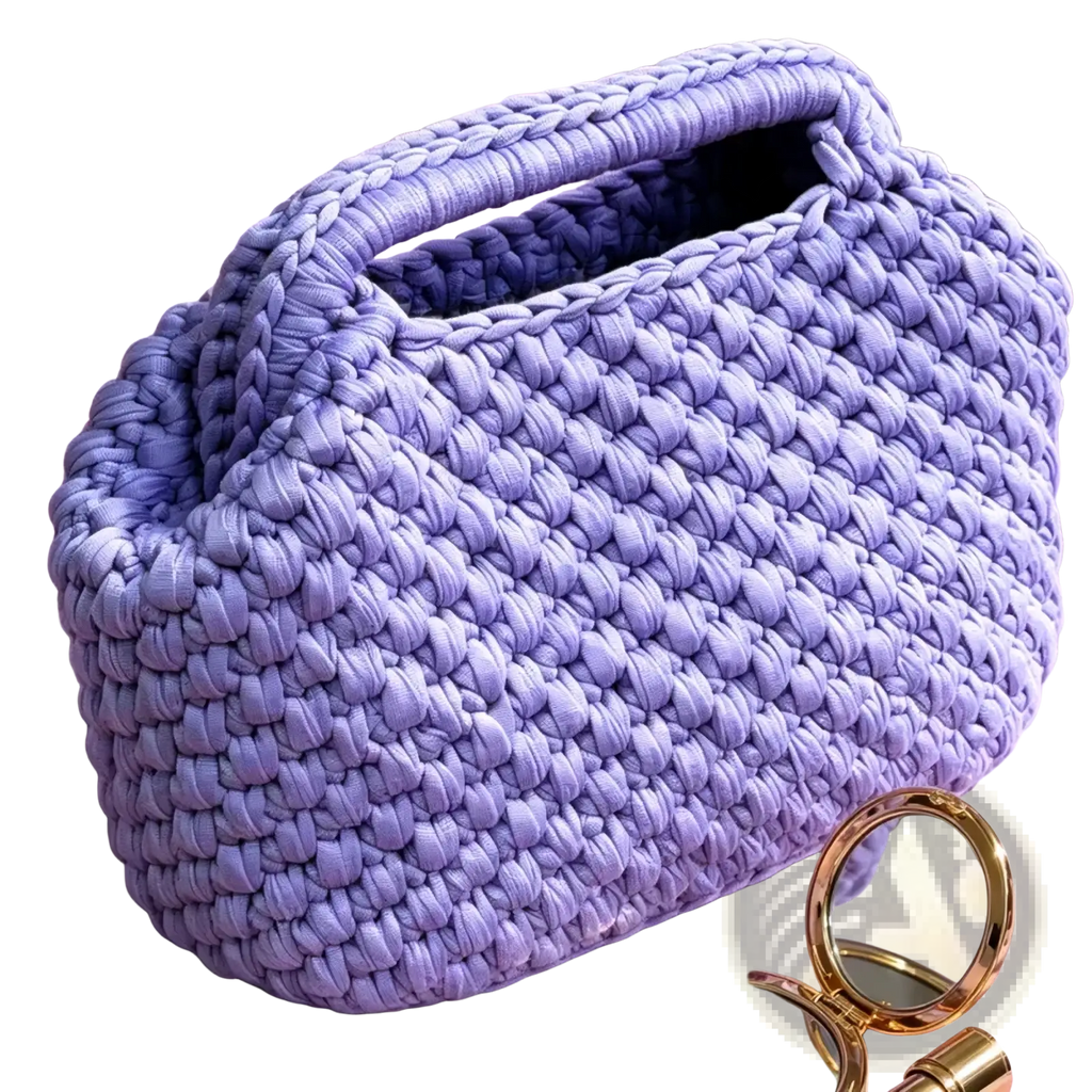 A soft lavender crocheted knit shoulder bag with chunky textured pattern and sturdy top handle woven tote purse