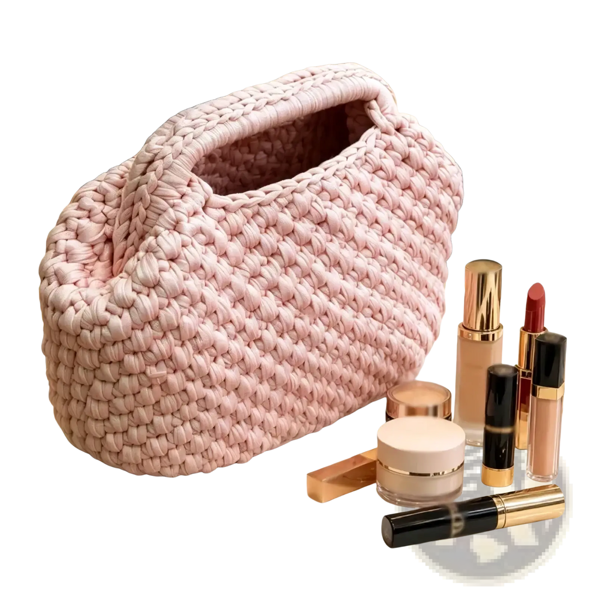 A soft pink crochet knit shoulder bag with chunky woven texture and integrated handle tote purse