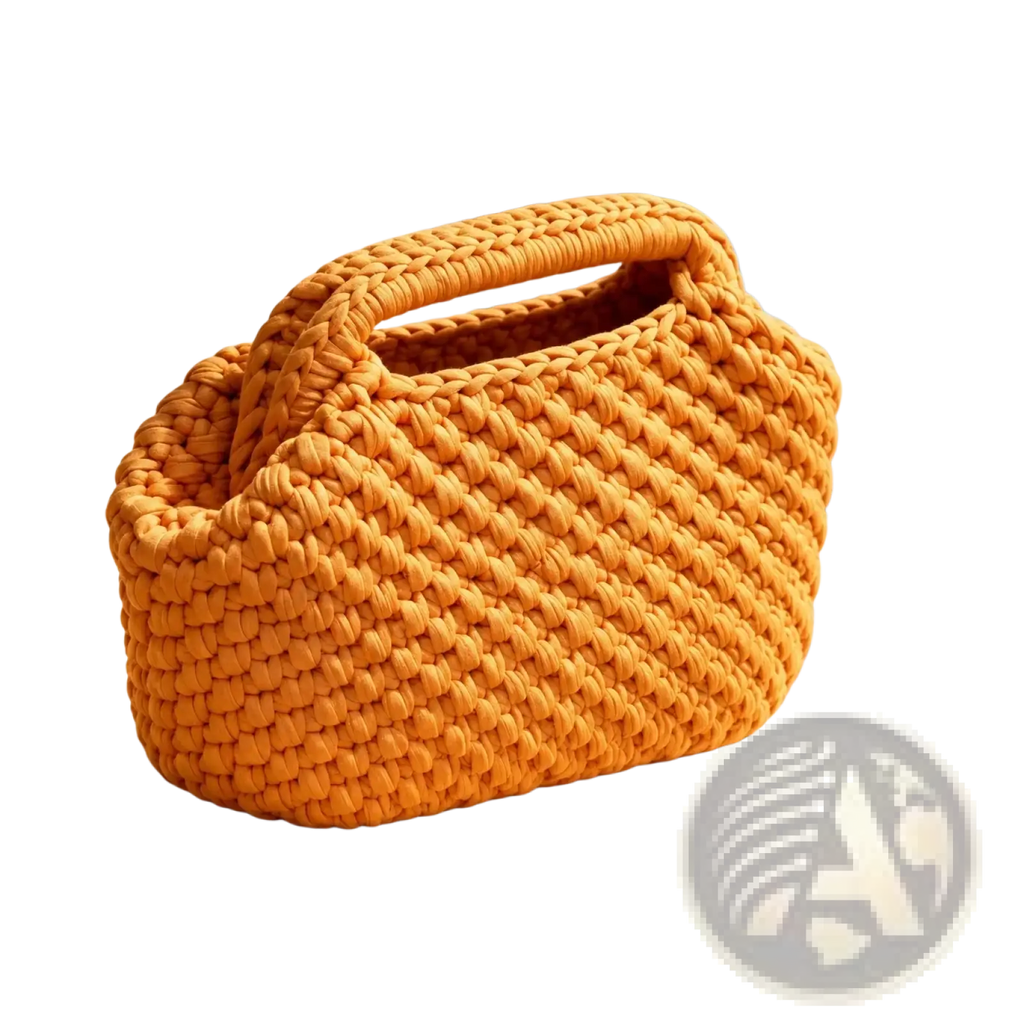 A vibrant mustard-yellow crocheted knit shoulder bag with chunky texture and integrated top handle tote purse