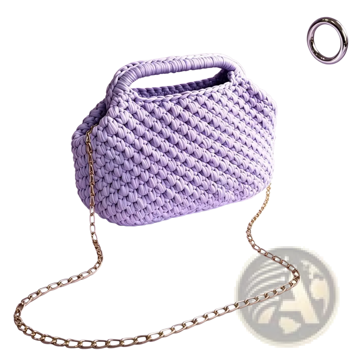 A lavender crocheted shoulder bag with a textured woven pattern and gold-toned chain strap for beach vacation use