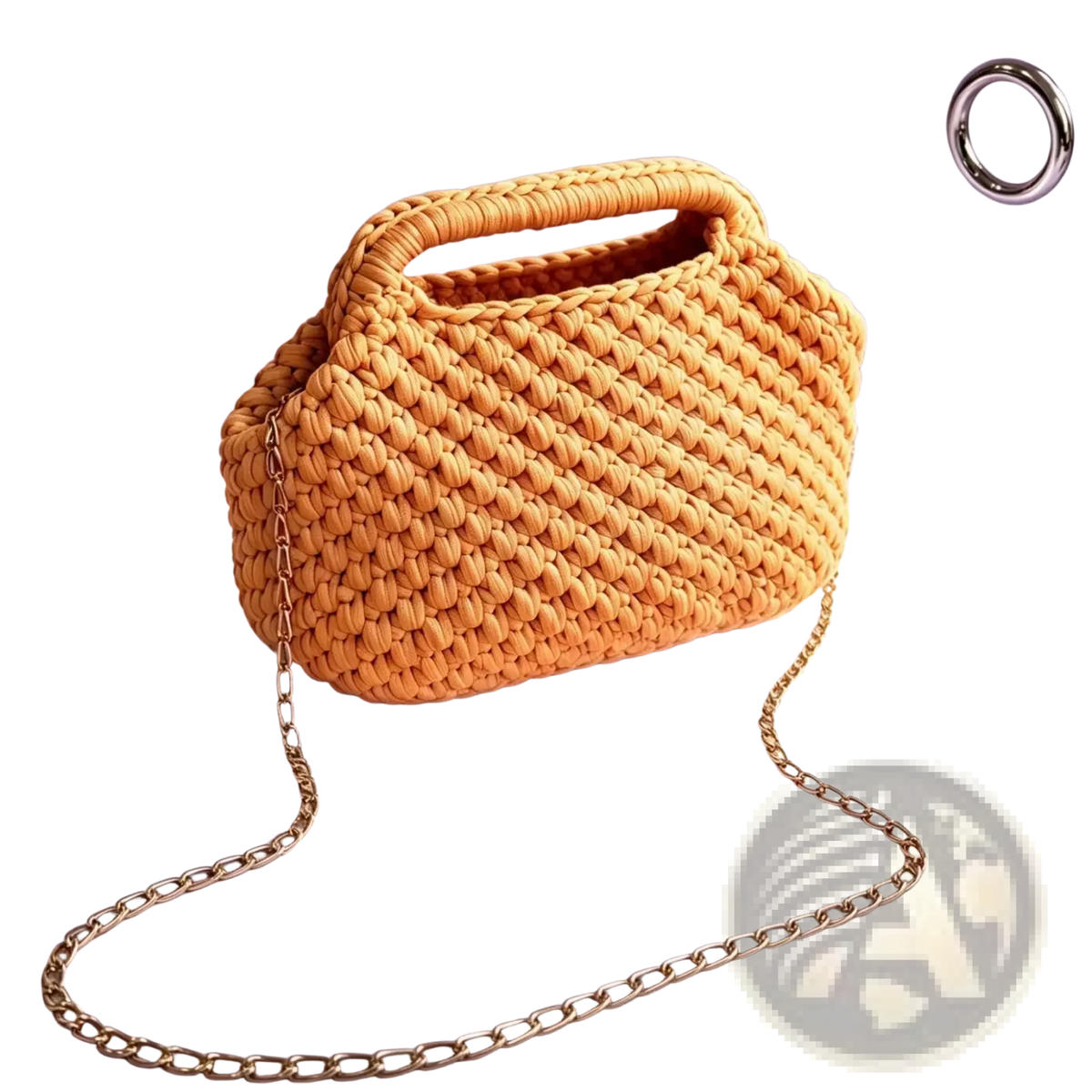 A woven orange crochet knitted shoulder bag with braided texture and gold chain strap ideal for beach vacation tote