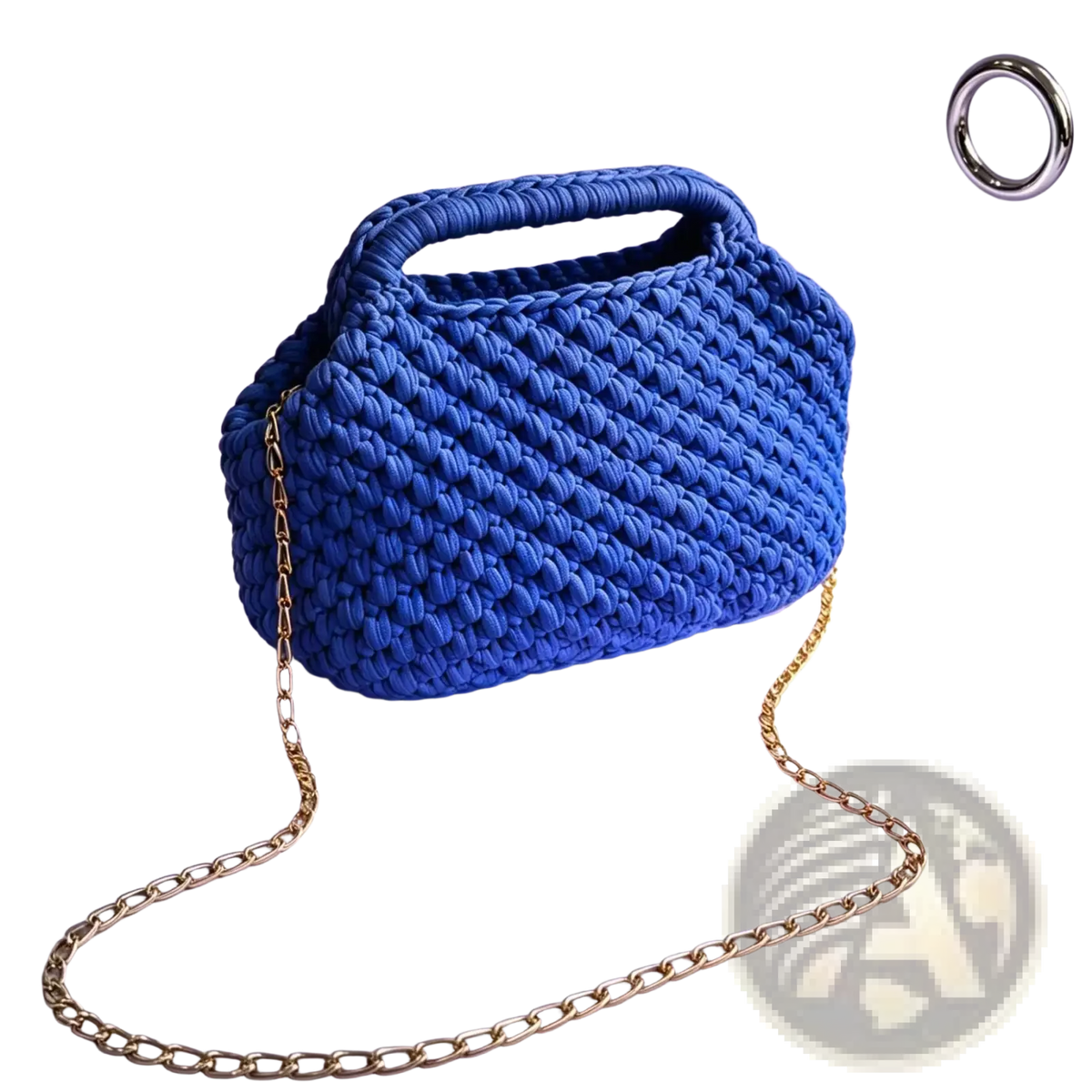 Vibrant cobalt blue crocheted shoulder bag with woven pattern and gold chain strap for beach vacation tote use