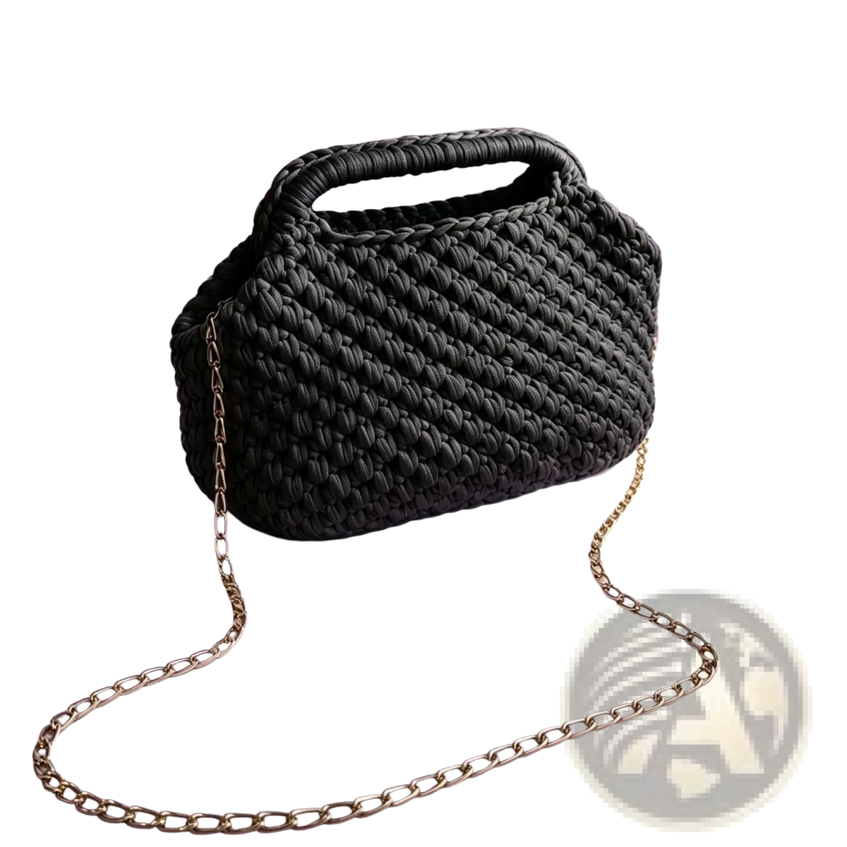 Black woven crochet knitted shoulder bag with gold chain strap suitable for beach vacation tote