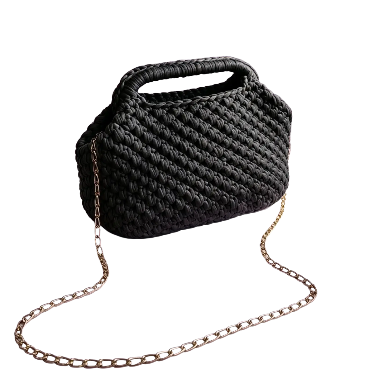Black woven crochet knitted shoulder bag with gold chain strap suitable for beach vacation tote