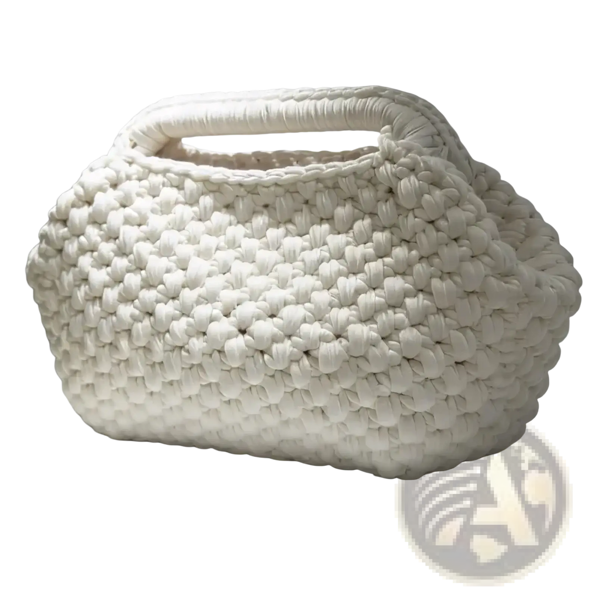 Chunky white crocheted shoulder bag with rounded puffy shape and matching handle ideal for beach vacation tote