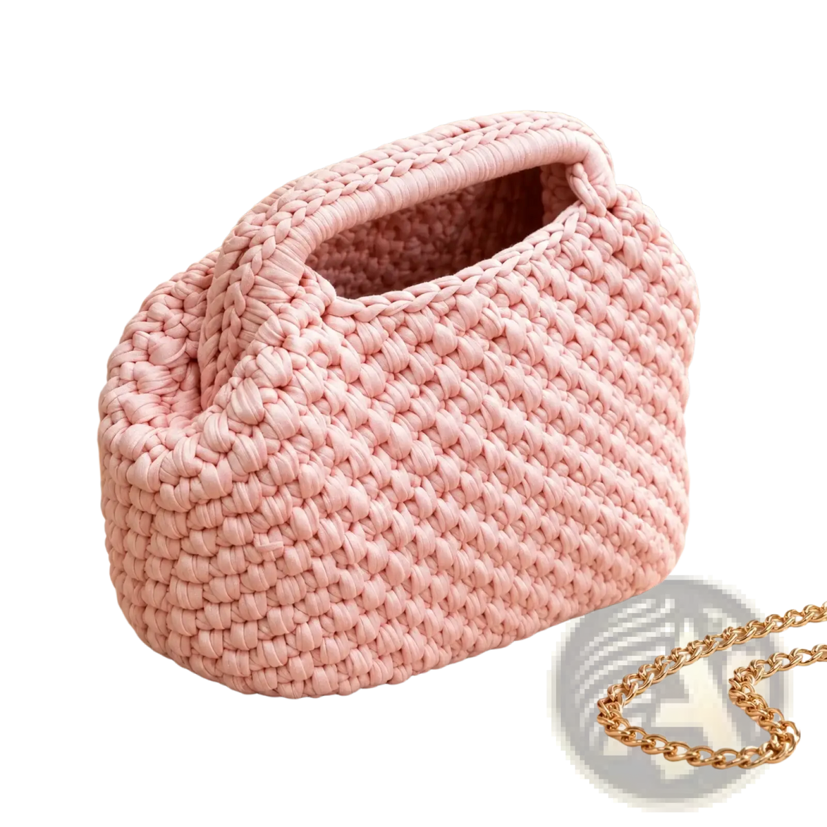 A soft pink chunky-knit crocheted shoulder bag with rounded shape and integrated handles for beach vacations