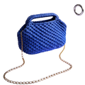 Vibrant cobalt blue crocheted shoulder bag with woven pattern and gold chain strap for beach vacation tote use
