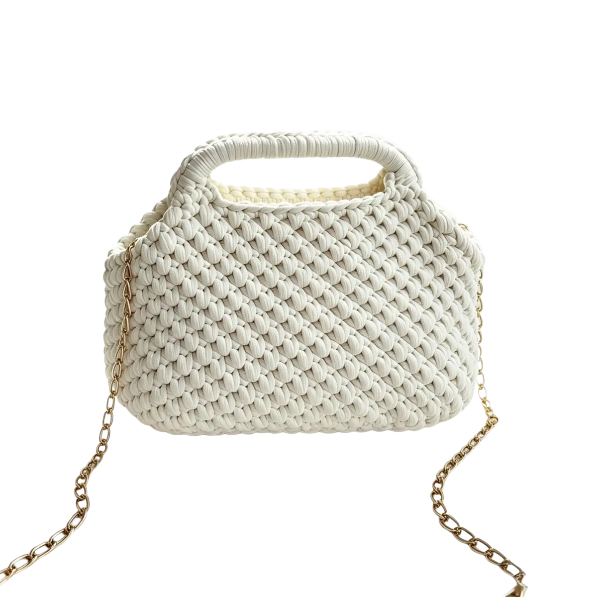 White crocheted shoulder bag with textured woven pattern and gold-toned chain strap perfect for beach vacation tote