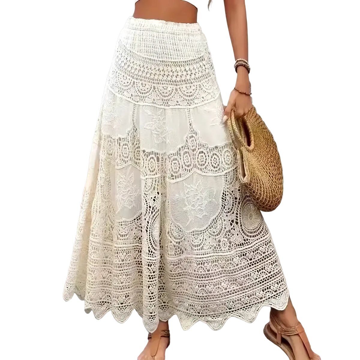 Off-white crochet lace maxi skirt with intricate lace patterns and scalloped hem summer long skirt