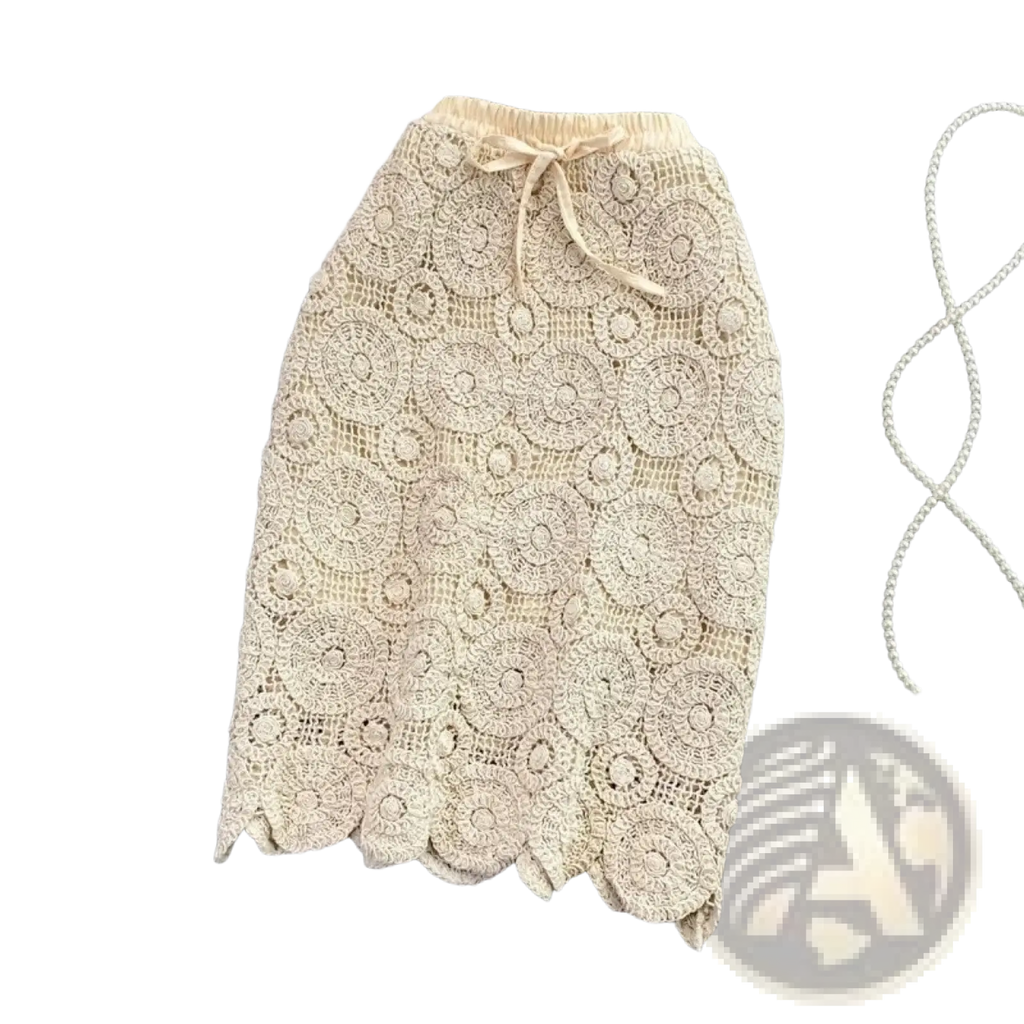 Beige crochet lace maxi skirt with drawstring waist and scalloped hem perfect for summer wear