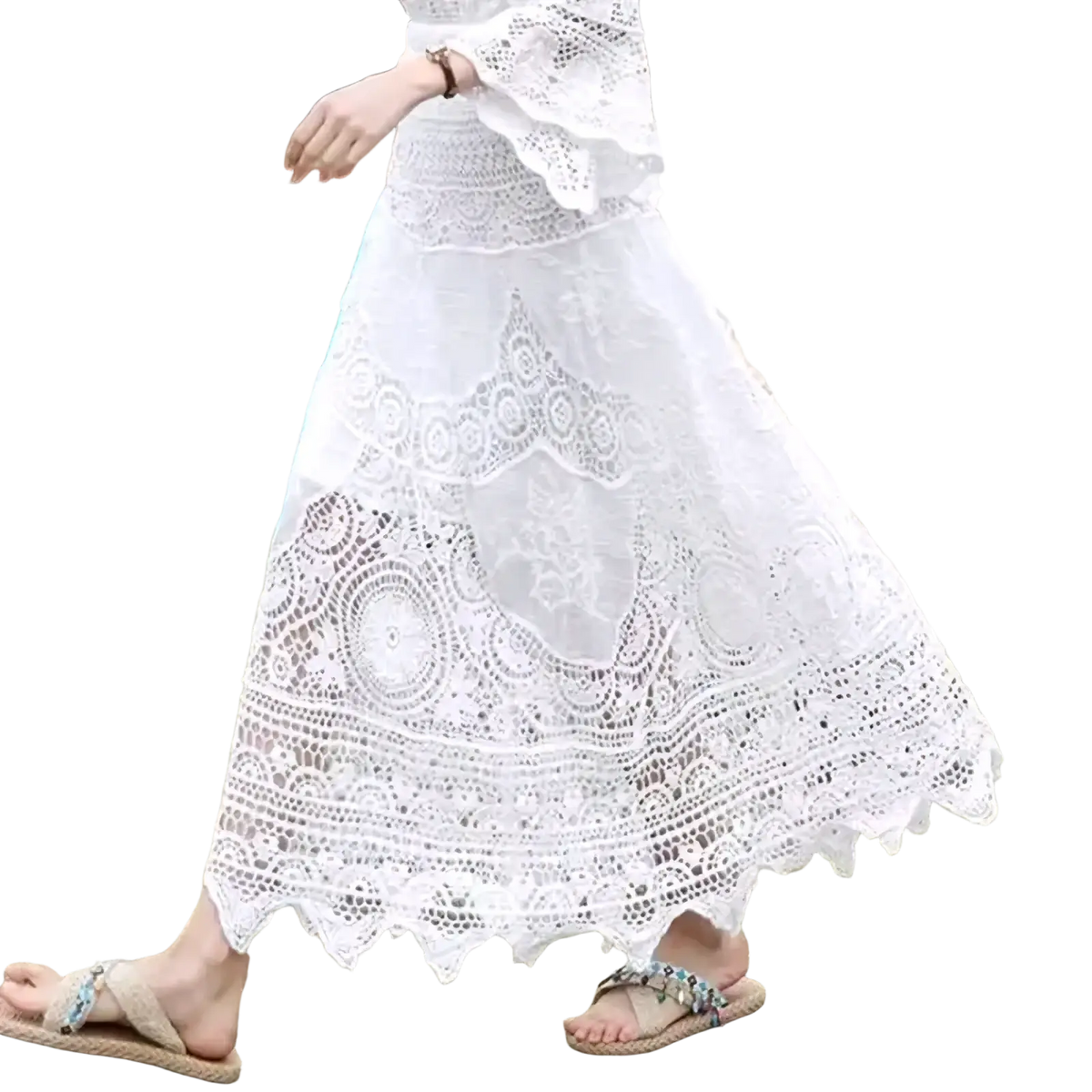 Off-white crochet lace maxi skirt with intricate floral patterns and scalloped hem perfect for summer wear