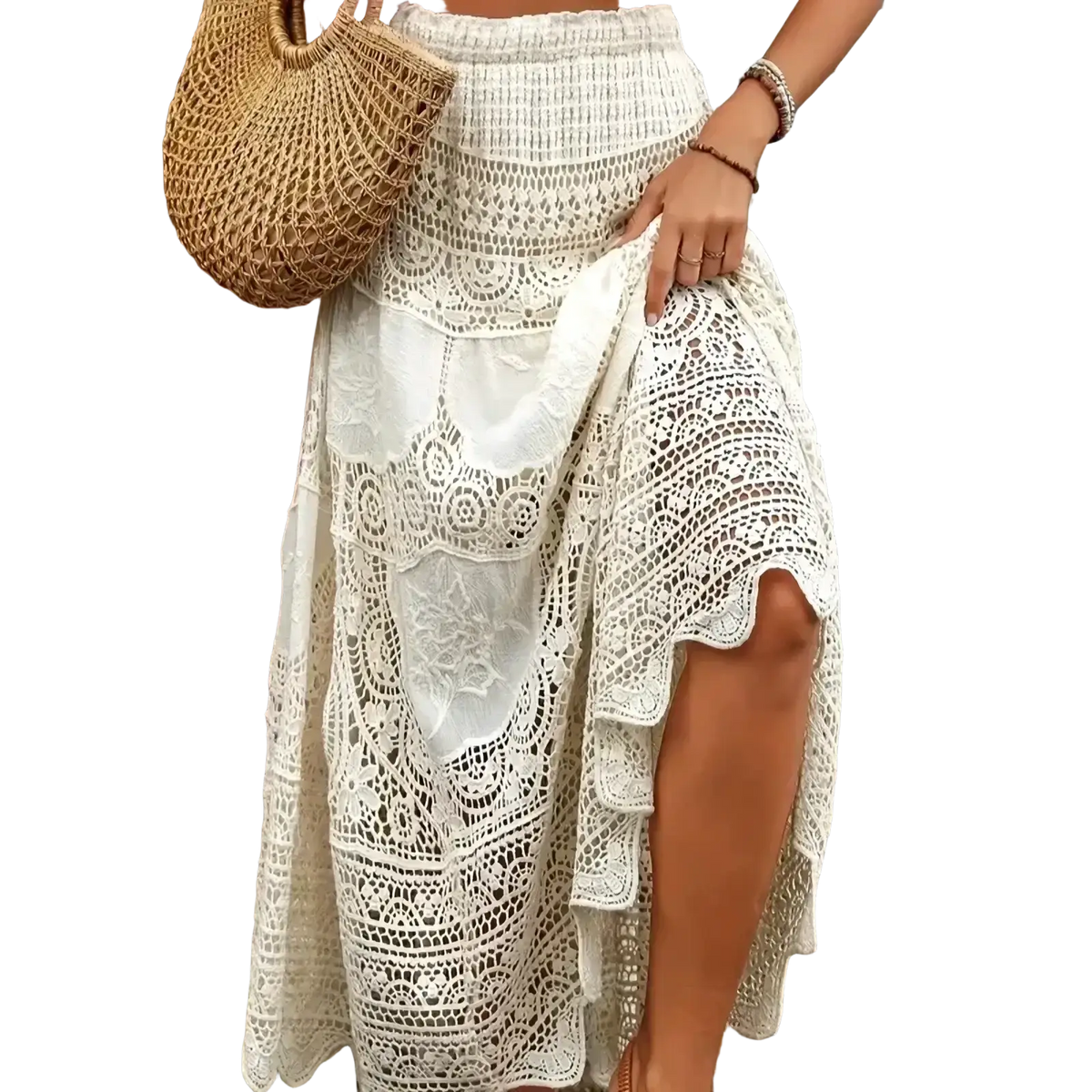 A flowing off-white crochet lace maxi skirt with intricate patterns and a high-waisted elastic band for summer wear