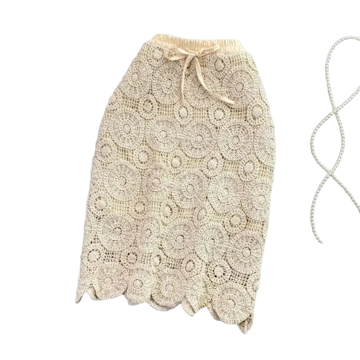 Beige crochet lace maxi skirt with drawstring waist and scalloped hem perfect for summer wear