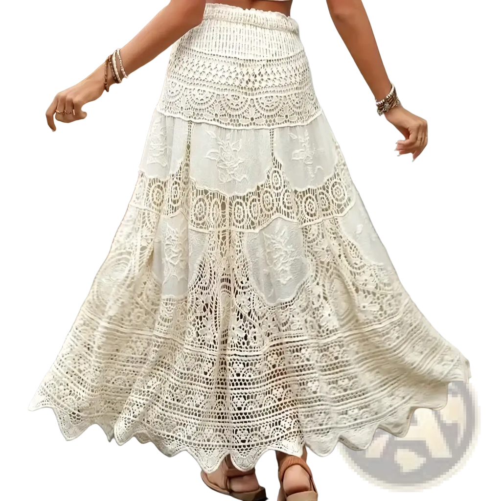 Off-white crochet lace maxi skirt with intricate patterns and scalloped hem for summer wear